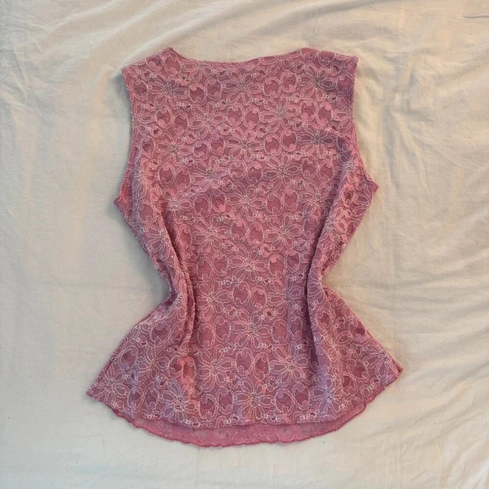 Y2K‎ Pink Lace Tank with Silver Glittered Polkadots - Picture 3 of 8